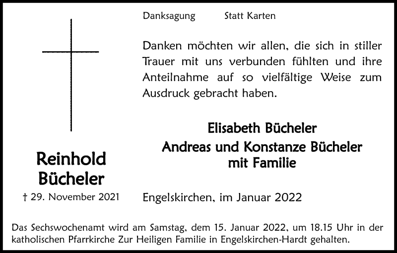  Traueranzeige für Reinhold Bücheler vom 15.01.2022 aus Kölner Stadt-Anzeiger / Kölnische Rundschau / Express