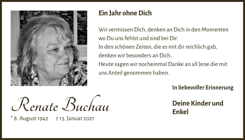  Traueranzeige für Renate Buchau vom 08.01.2022 aus  Blickpunkt Euskirchen 