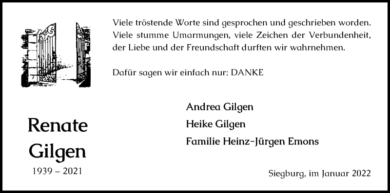  Traueranzeige für Renate Gilgen vom 15.01.2022 aus Kölner Stadt-Anzeiger / Kölnische Rundschau / Express