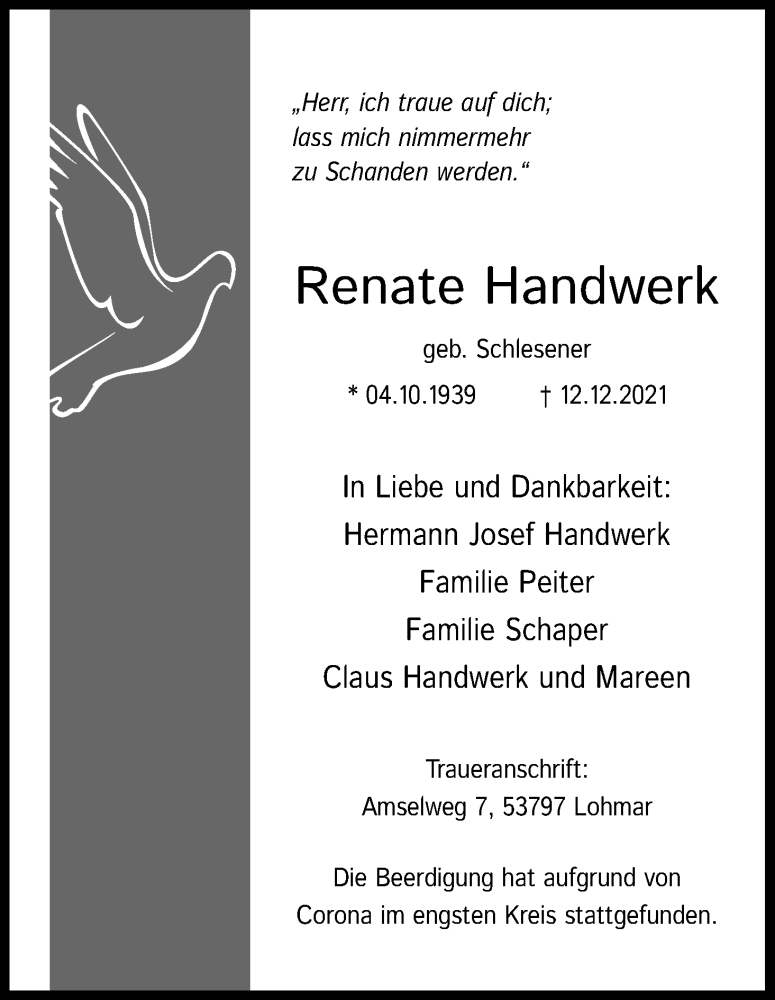  Traueranzeige für Renate Handwerk vom 08.01.2022 aus Kölner Stadt-Anzeiger / Kölnische Rundschau / Express