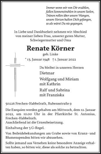 Anzeige von Renate Körner von  Wochenende 