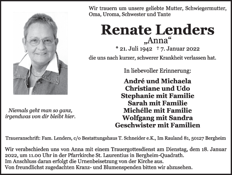  Traueranzeige für Renate Lenders vom 14.01.2022 aus  Werbepost 