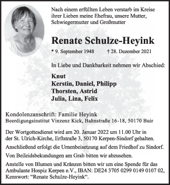 Anzeige von Renate Schulze-Heyink von  Werbepost 