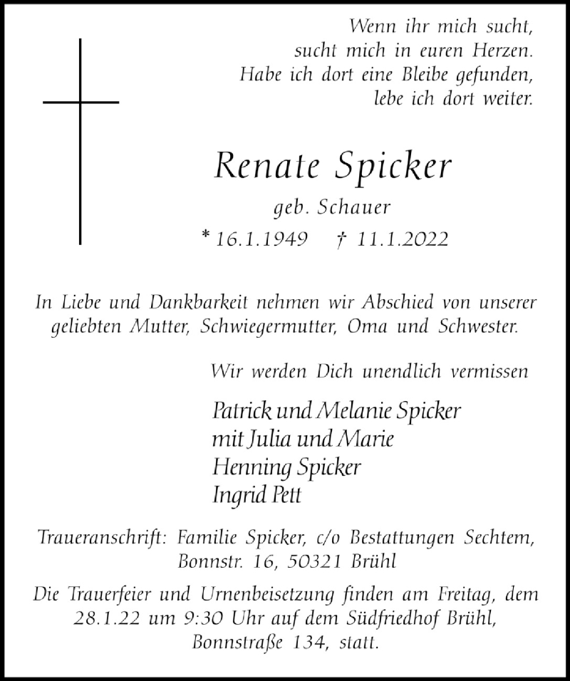  Traueranzeige für Renate Spicker vom 21.01.2022 aus  Schlossbote/Werbekurier 