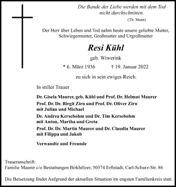 Anzeige von Resi Kühl von Kölner Stadt-Anzeiger / Kölnische Rundschau / Express