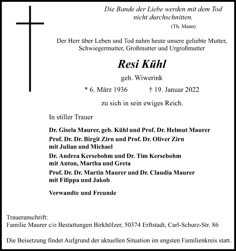  Traueranzeige für Resi Kühl vom 22.01.2022 aus Kölner Stadt-Anzeiger / Kölnische Rundschau / Express