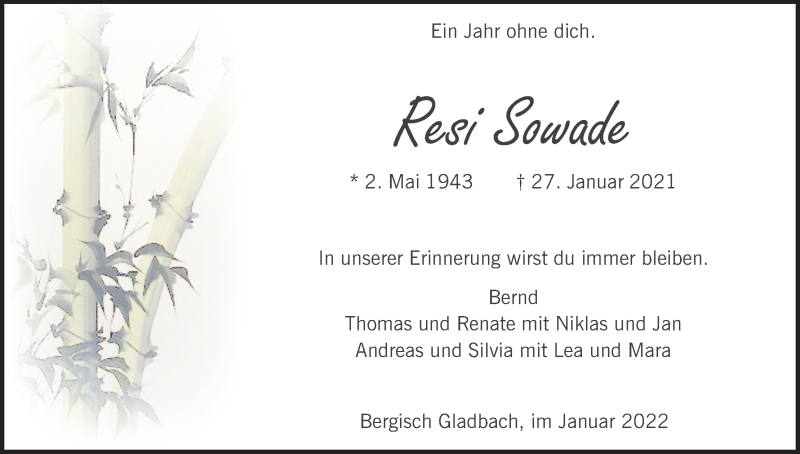  Traueranzeige für Resi Sowade vom 29.01.2022 aus Kölner Stadt-Anzeiger / Kölnische Rundschau / Express
