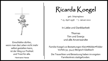 Anzeige von Ricarda Koegel von Kölner Stadt-Anzeiger / Kölnische Rundschau / Express