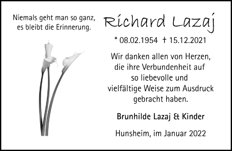  Traueranzeige für Richard Lazaj vom 21.01.2022 aus  Anzeigen Echo 