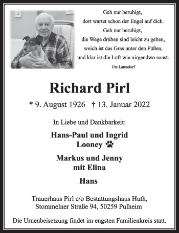 Anzeige von Richard Pirl von  Wochenende 