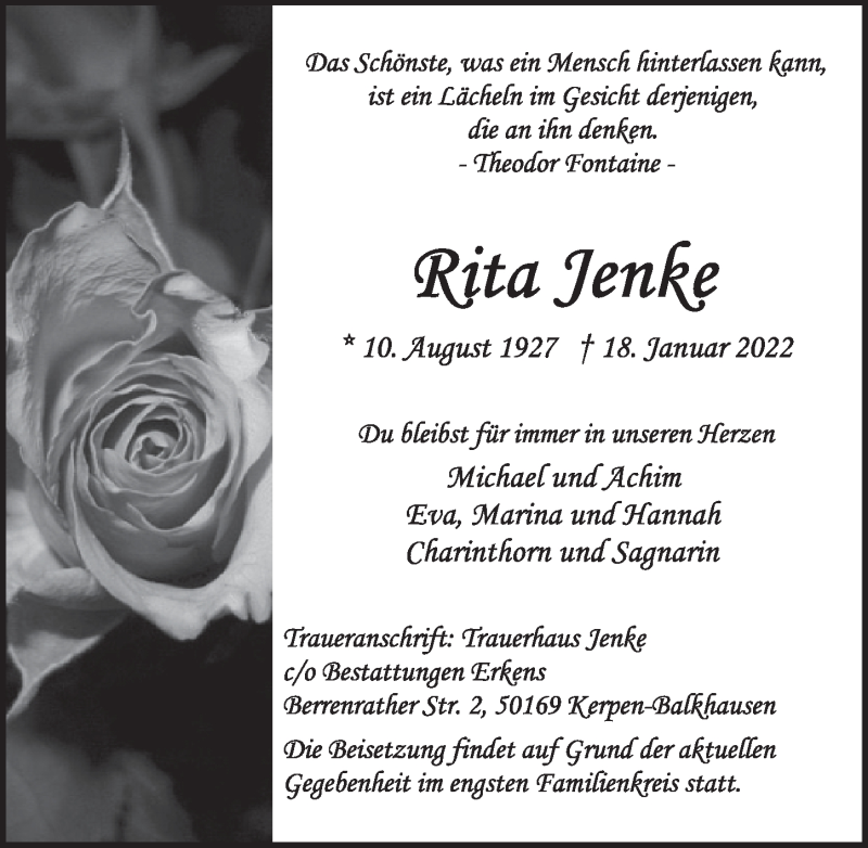  Traueranzeige für Rita Jenke vom 28.01.2022 aus  Wochenende 