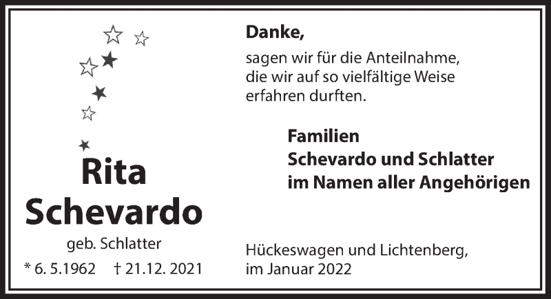  Traueranzeige für Rita Schevardo vom 28.01.2022 aus  Lokalanzeiger 