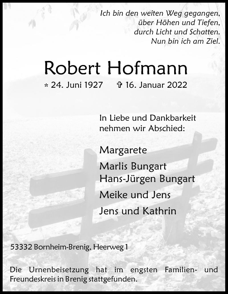  Traueranzeige für Robert Hofmann vom 29.01.2022 aus Kölner Stadt-Anzeiger / Kölnische Rundschau / Express