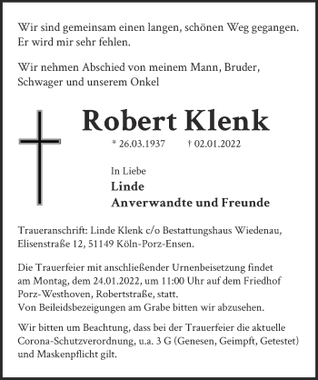 Anzeige von Robert Klenk von  Kölner Wochenspiegel 