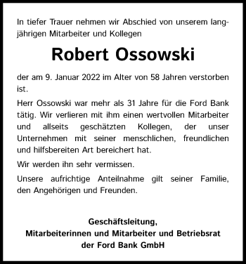 Anzeige von Robert Ossowski von Kölner Stadt-Anzeiger / Kölnische Rundschau / Express