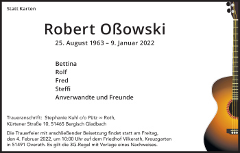 Anzeige von Robert Oßowski von Kölner Stadt-Anzeiger / Kölnische Rundschau / Express