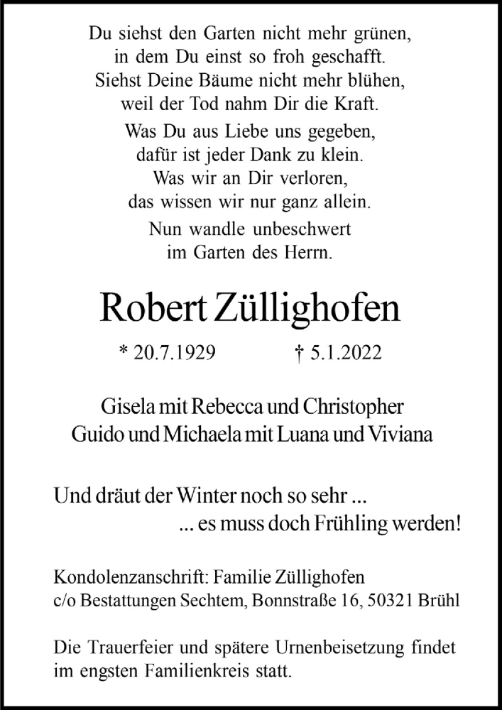  Traueranzeige für Robert Züllighofen vom 14.01.2022 aus  Schaufenster/Blickpunkt 