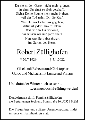 Anzeige von Robert Züllighofen von  Schaufenster/Blickpunkt 