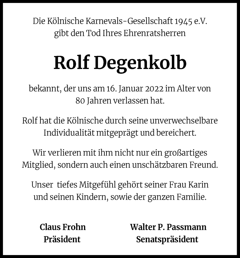  Traueranzeige für Rolf Degenkolb vom 29.01.2022 aus Kölner Stadt-Anzeiger / Kölnische Rundschau / Express