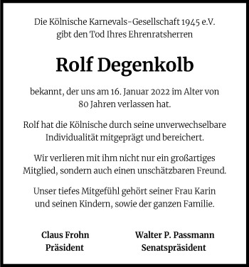Anzeige von Rolf Degenkolb von Kölner Stadt-Anzeiger / Kölnische Rundschau / Express