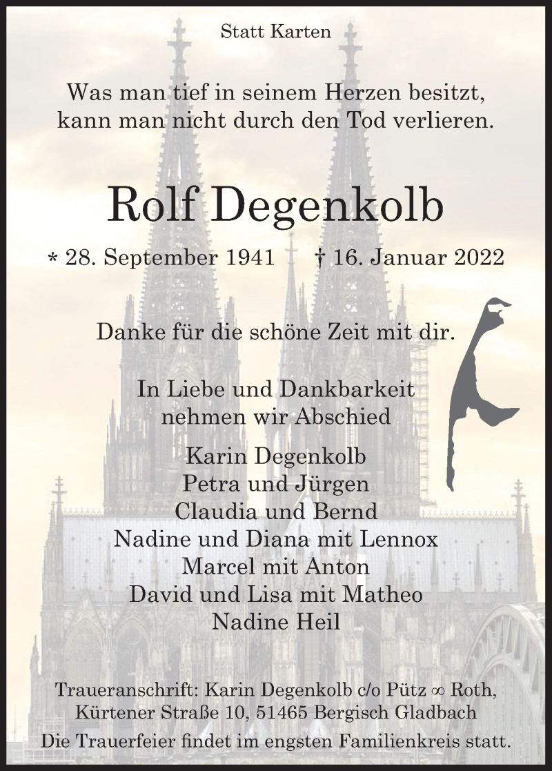  Traueranzeige für Rolf Degenkolb vom 29.01.2022 aus Kölner Stadt-Anzeiger / Kölnische Rundschau / Express