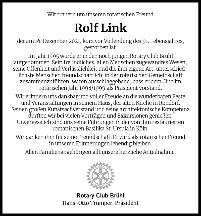  Traueranzeige für Rolf Link vom 08.01.2022 aus Kölner Stadt-Anzeiger / Kölnische Rundschau / Express