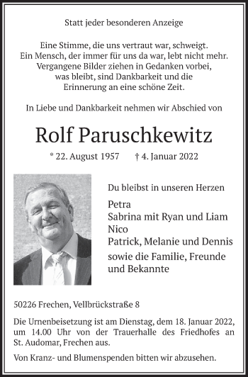 Anzeige von Rolf Paruschkewitz von  Wochenende 