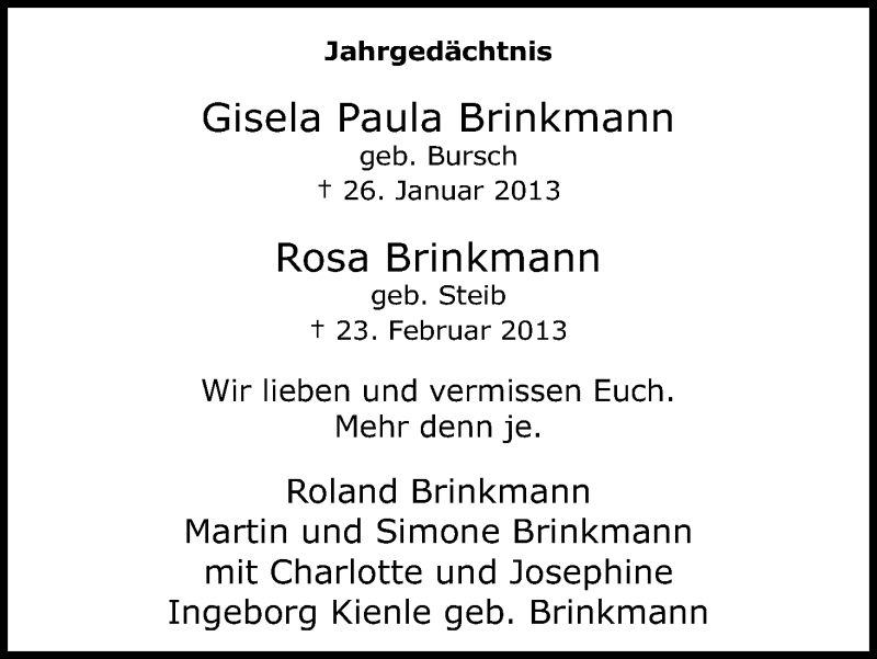  Traueranzeige für Rosa Brinkmann vom 18.07.2023 aus Kölner Stadt-Anzeiger / Kölnische Rundschau / Express