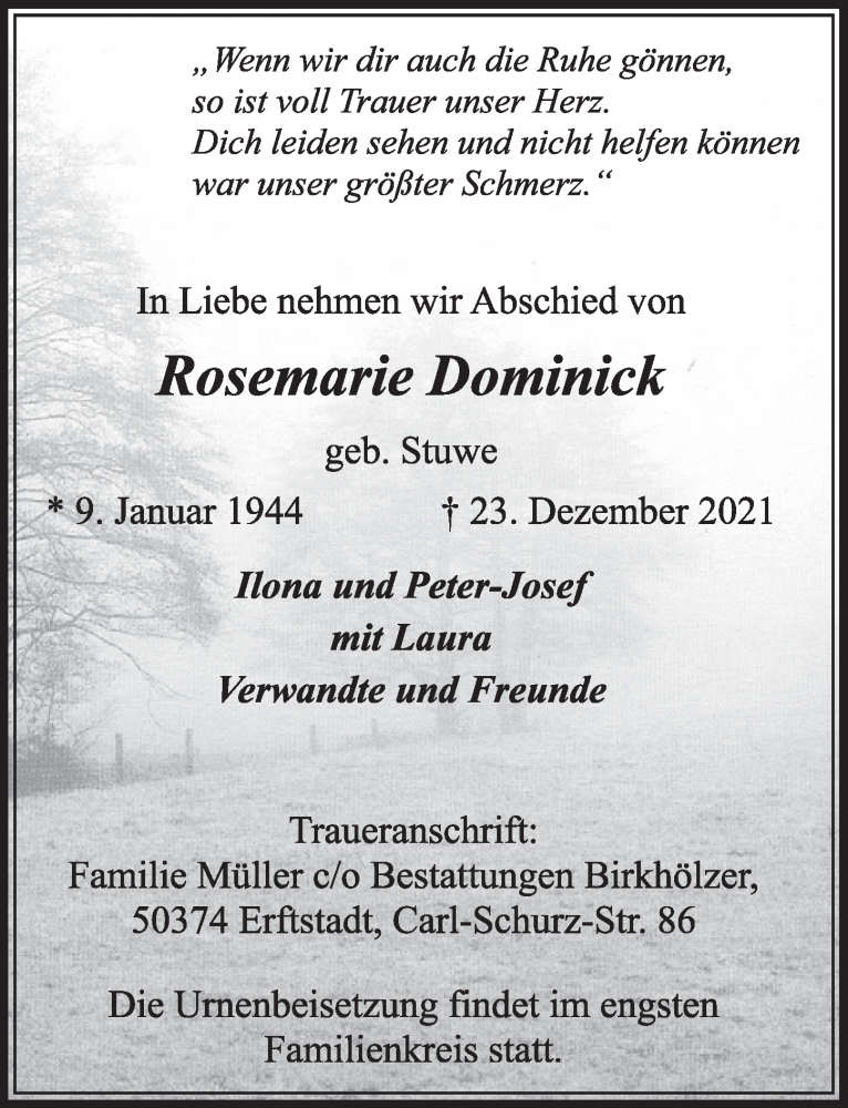  Traueranzeige für Rosemarie Dominick vom 07.01.2022 aus  Werbepost 