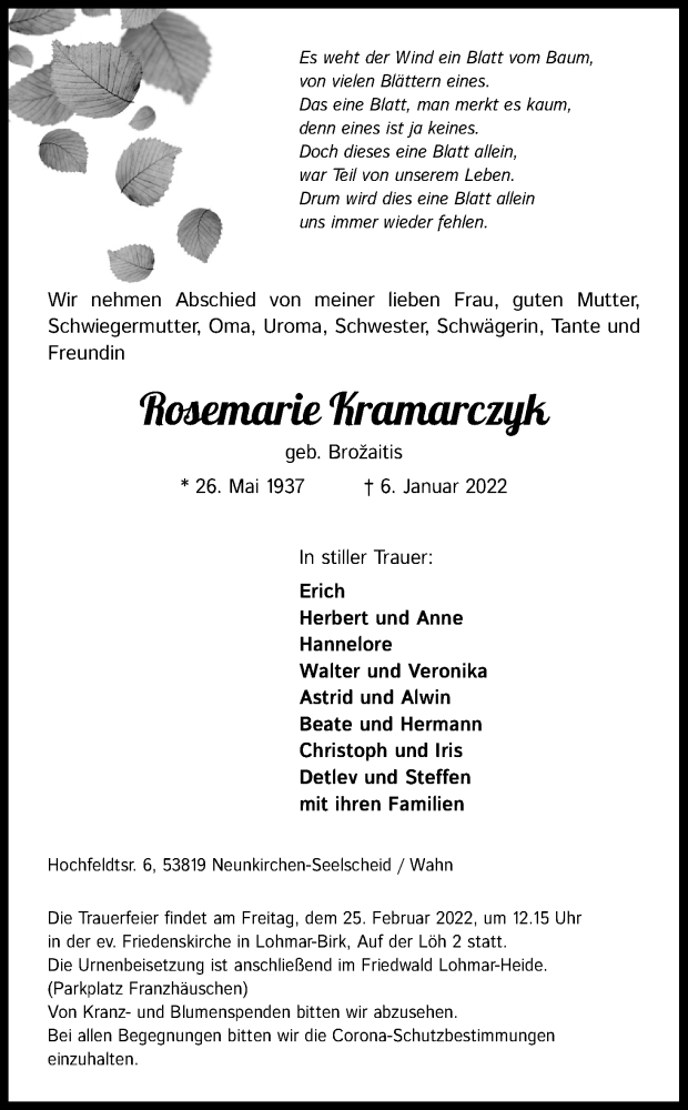  Traueranzeige für Rosemarie Kramarczyk vom 15.01.2022 aus Kölner Stadt-Anzeiger / Kölnische Rundschau / Express
