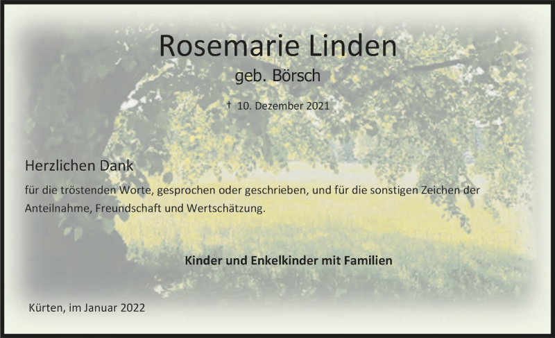  Traueranzeige für Rosemarie Linden vom 07.01.2022 aus  Bergisches Handelsblatt 