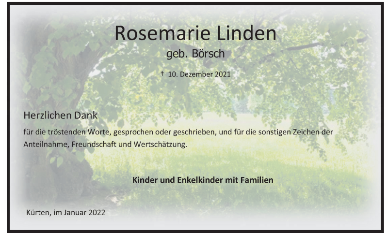  Traueranzeige für Rosemarie Linden vom 08.01.2022 aus Kölner Stadt-Anzeiger / Kölnische Rundschau / Express