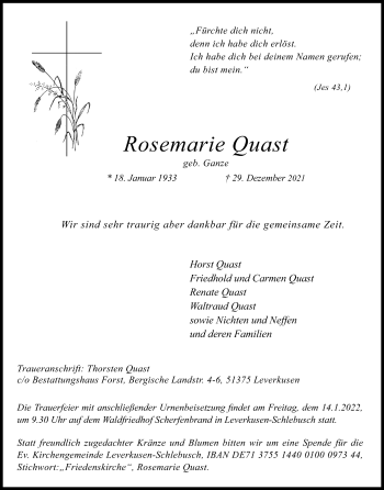 Anzeige von Rosemarie Quast von Kölner Stadt-Anzeiger / Kölnische Rundschau / Express