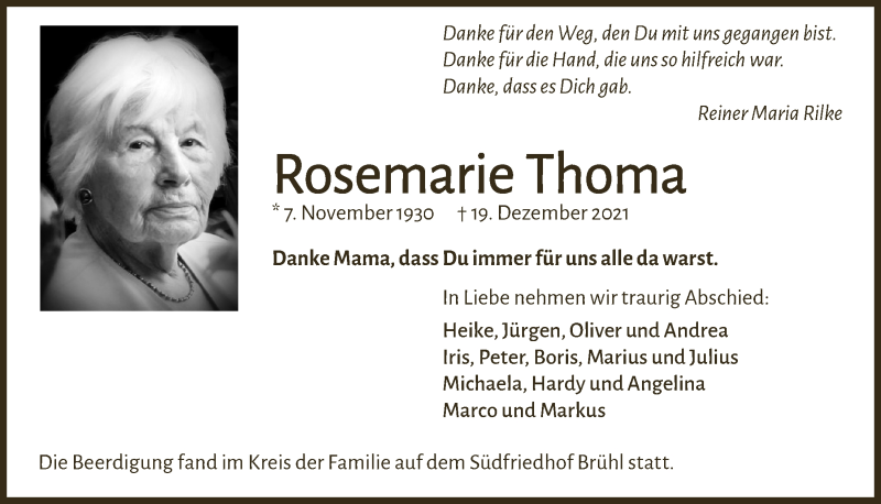  Traueranzeige für Rosemarie Thoma vom 14.01.2022 aus  Schlossbote/Werbekurier 