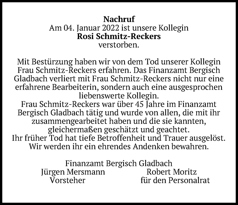 Traueranzeige für Rosi Schmitz-Reckers vom 12.01.2022 aus Kölner Stadt-Anzeiger / Kölnische Rundschau / Express