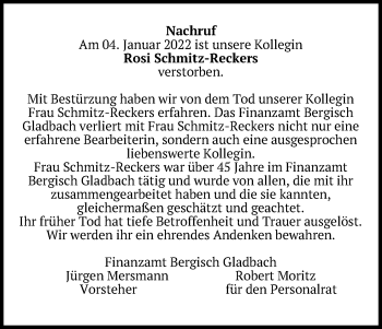 Anzeige von Rosi Schmitz-Reckers von Kölner Stadt-Anzeiger / Kölnische Rundschau / Express