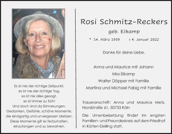 Anzeige von Rosi Schmitz-Reckers von Kölner Stadt-Anzeiger / Kölnische Rundschau / Express