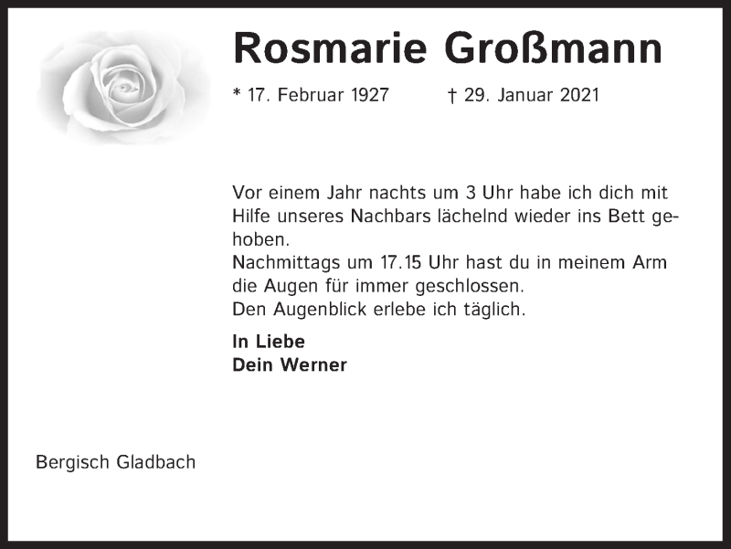  Traueranzeige für Rosmarie Großmann vom 29.01.2022 aus Kölner Stadt-Anzeiger / Kölnische Rundschau / Express