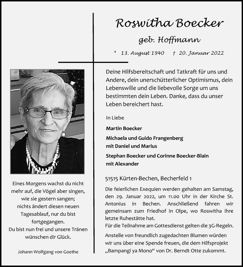  Traueranzeige für Roswitha Boecker vom 22.01.2022 aus Kölner Stadt-Anzeiger / Kölnische Rundschau / Express