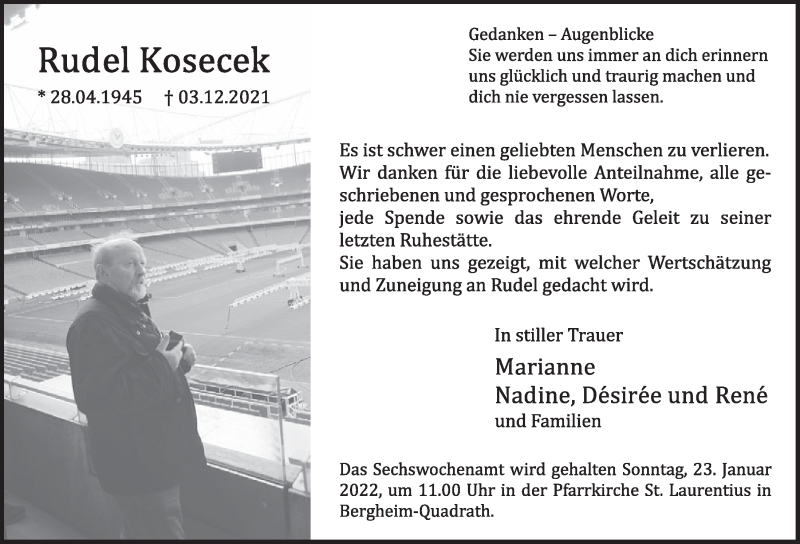  Traueranzeige für Rudel Kosecek vom 14.01.2022 aus  Werbepost 