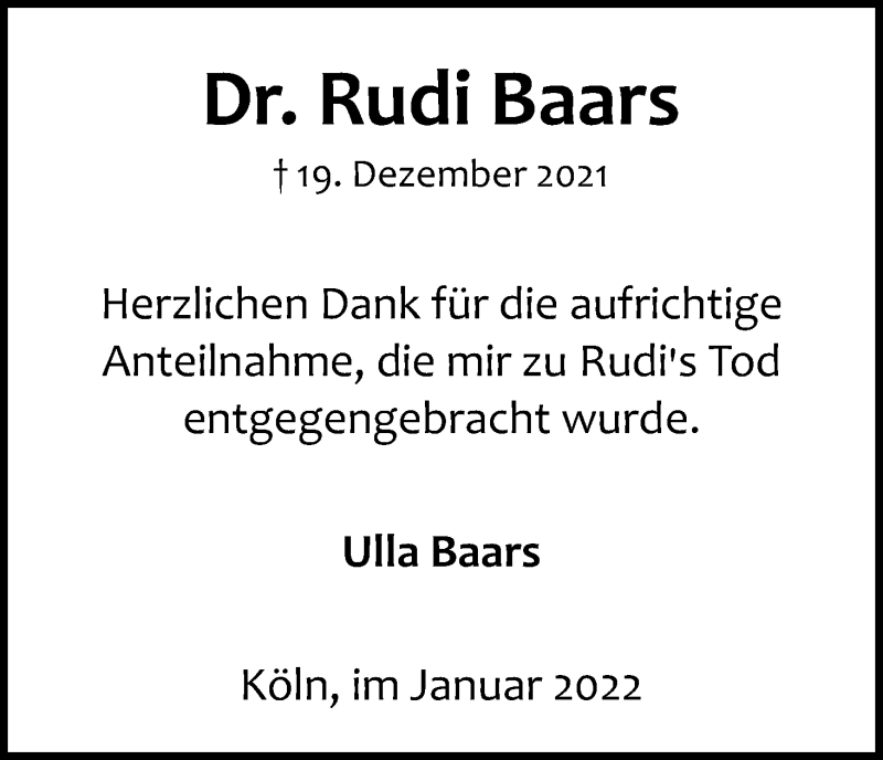  Traueranzeige für Rudi Baars vom 22.01.2022 aus Kölner Stadt-Anzeiger / Kölnische Rundschau / Express