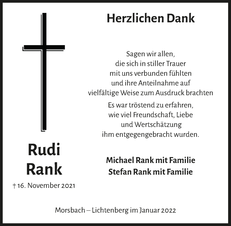  Traueranzeige für Rudi Rank vom 07.01.2022 aus  Lokalanzeiger 