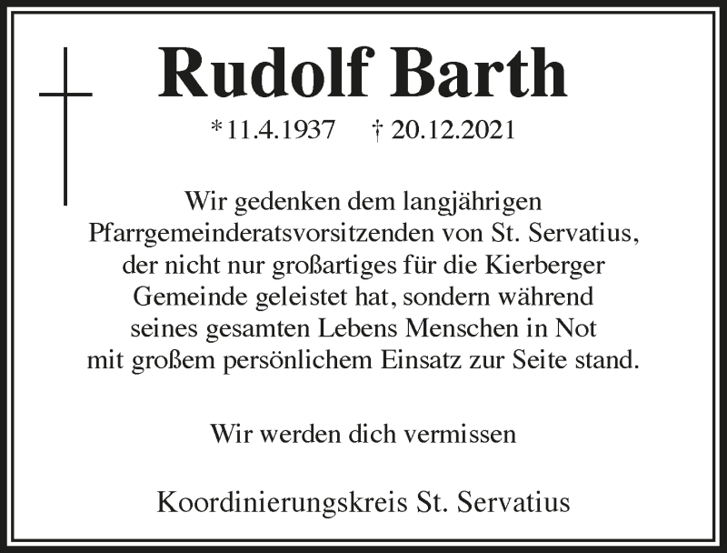  Traueranzeige für Rudolf Barth vom 07.01.2022 aus  Schlossbote/Werbekurier 