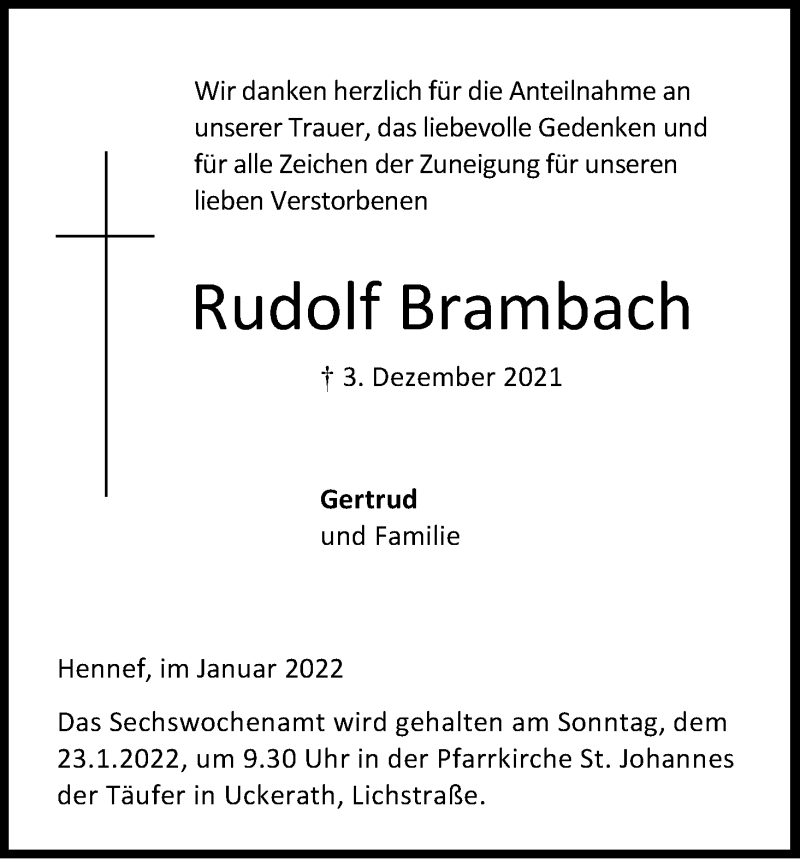  Traueranzeige für Rudolf Brambach vom 15.01.2022 aus Kölner Stadt-Anzeiger / Kölnische Rundschau / Express