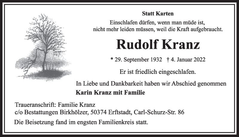  Traueranzeige für Rudolf Kranz vom 28.01.2022 aus  Werbepost 
