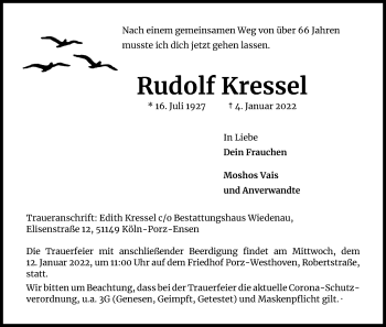 Anzeige von Rudolf Kressel von Kölner Stadt-Anzeiger / Kölnische Rundschau / Express
