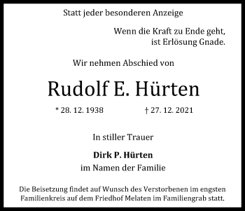 Anzeige von Rudolf E. Hürten von Kölner Stadt-Anzeiger / Kölnische Rundschau / Express