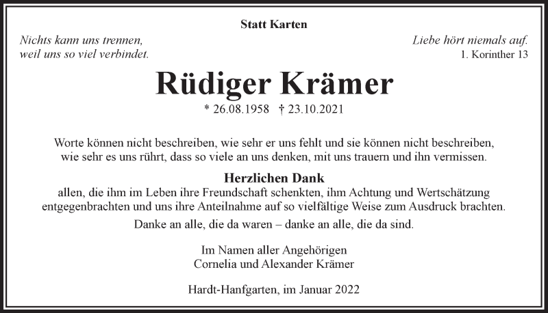  Traueranzeige für Rüdiger Krämer vom 21.01.2022 aus  Anzeigen Echo 