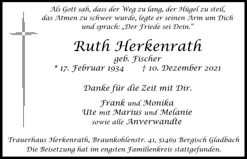  Traueranzeige für Ruth Herkenrath vom 07.01.2022 aus  Bergisches Handelsblatt 