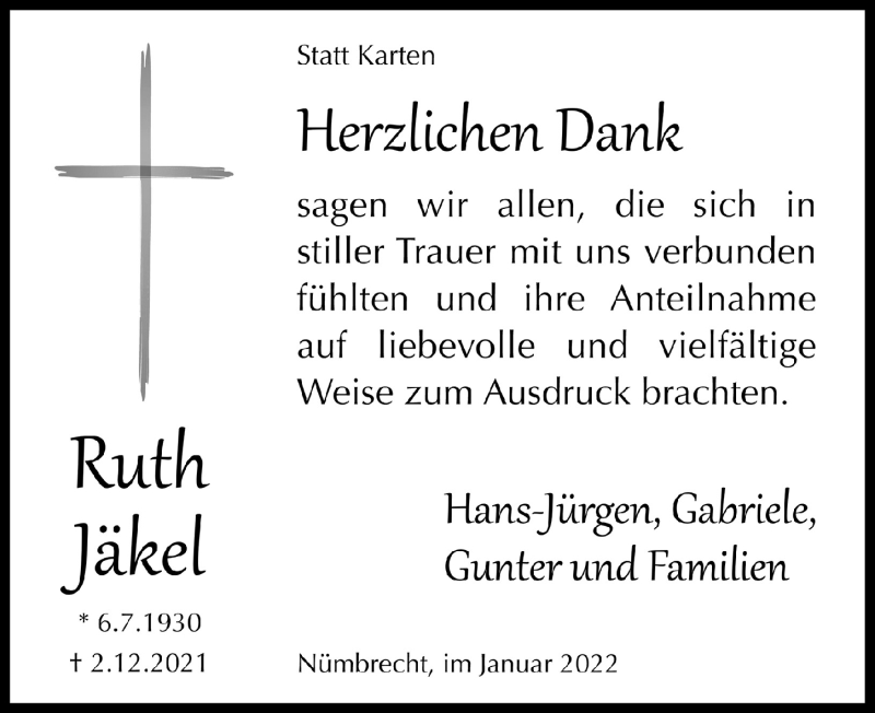  Traueranzeige für Ruth Jäkel vom 14.01.2022 aus  Anzeigen Echo  Lokalanzeiger 